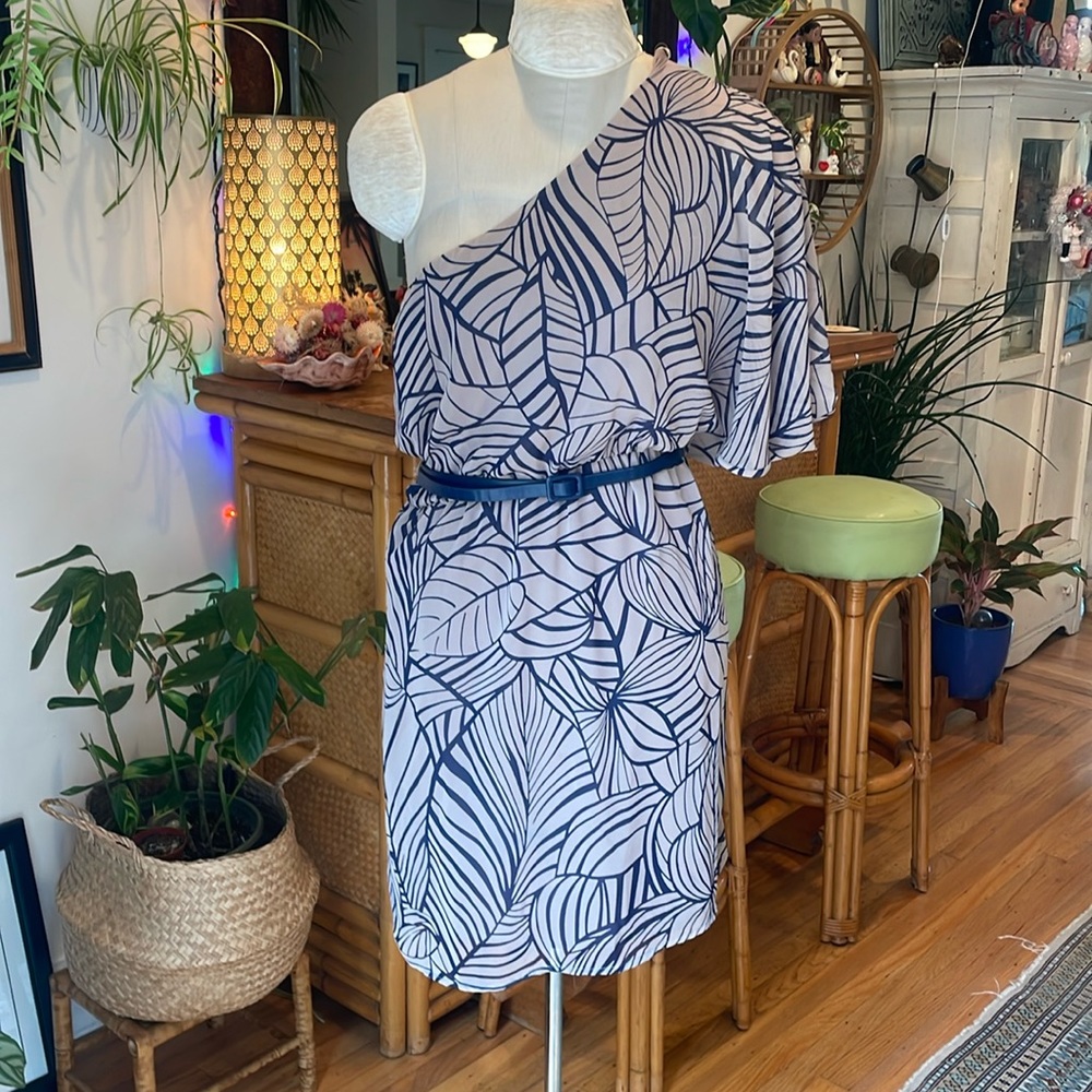 Hello Miss One Shoulder Navy Botanical Pattern Dress SZ L